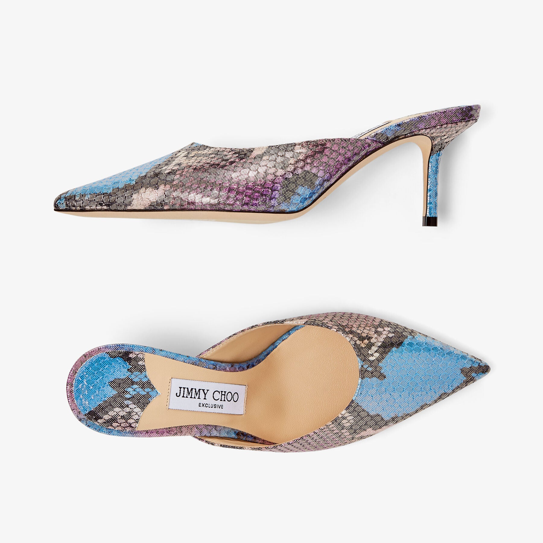 Rav Pointed 65 Leather Snake Print Mules - Wisteria & Smoky Blue Mix