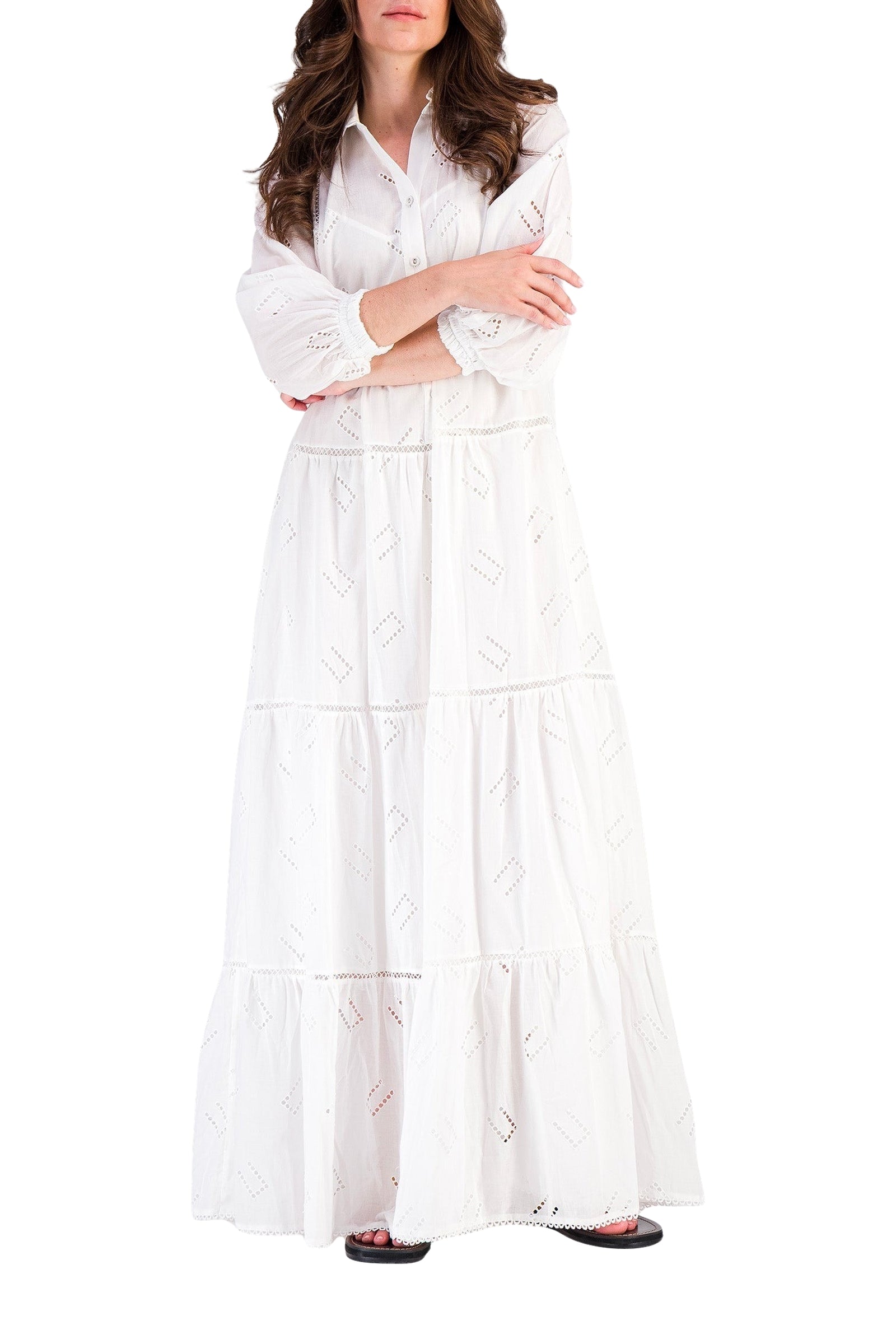Maxi dress with ruffles and broderie anglaise - White