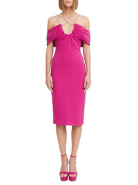 Robe midi froncée à épaules dénudées et strass - Fuchsia Red