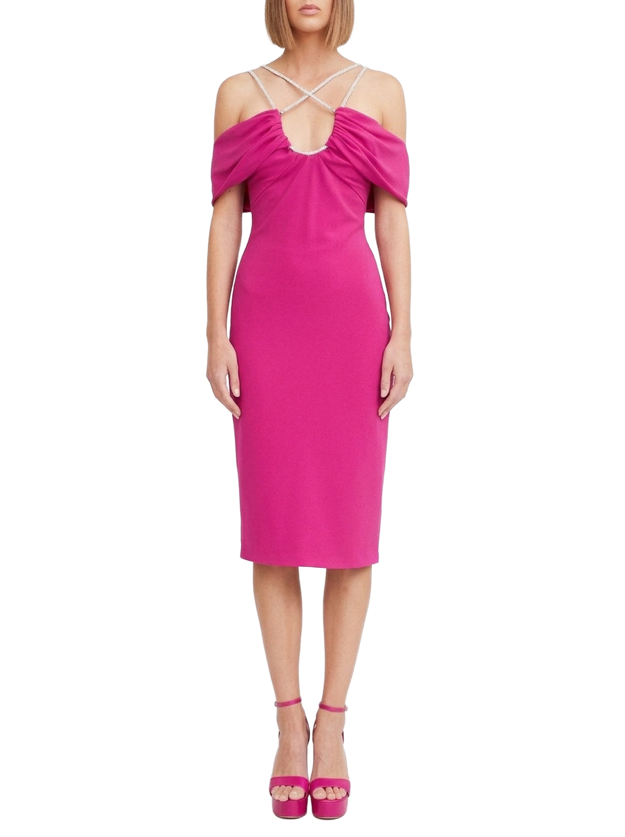 Robe midi froncée à épaules dénudées et strass - Fuchsia Red