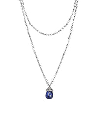 3qty DJV / QTY DISPO : 3-QTY VENDUES : 0-ST : 0% PRIX DJV : 1690€ // Argent Collier long double rang serti clos de Burmalite™ blanche taille brillant et pendant saphir de synthèse taille briolette /// RECO : 1659€