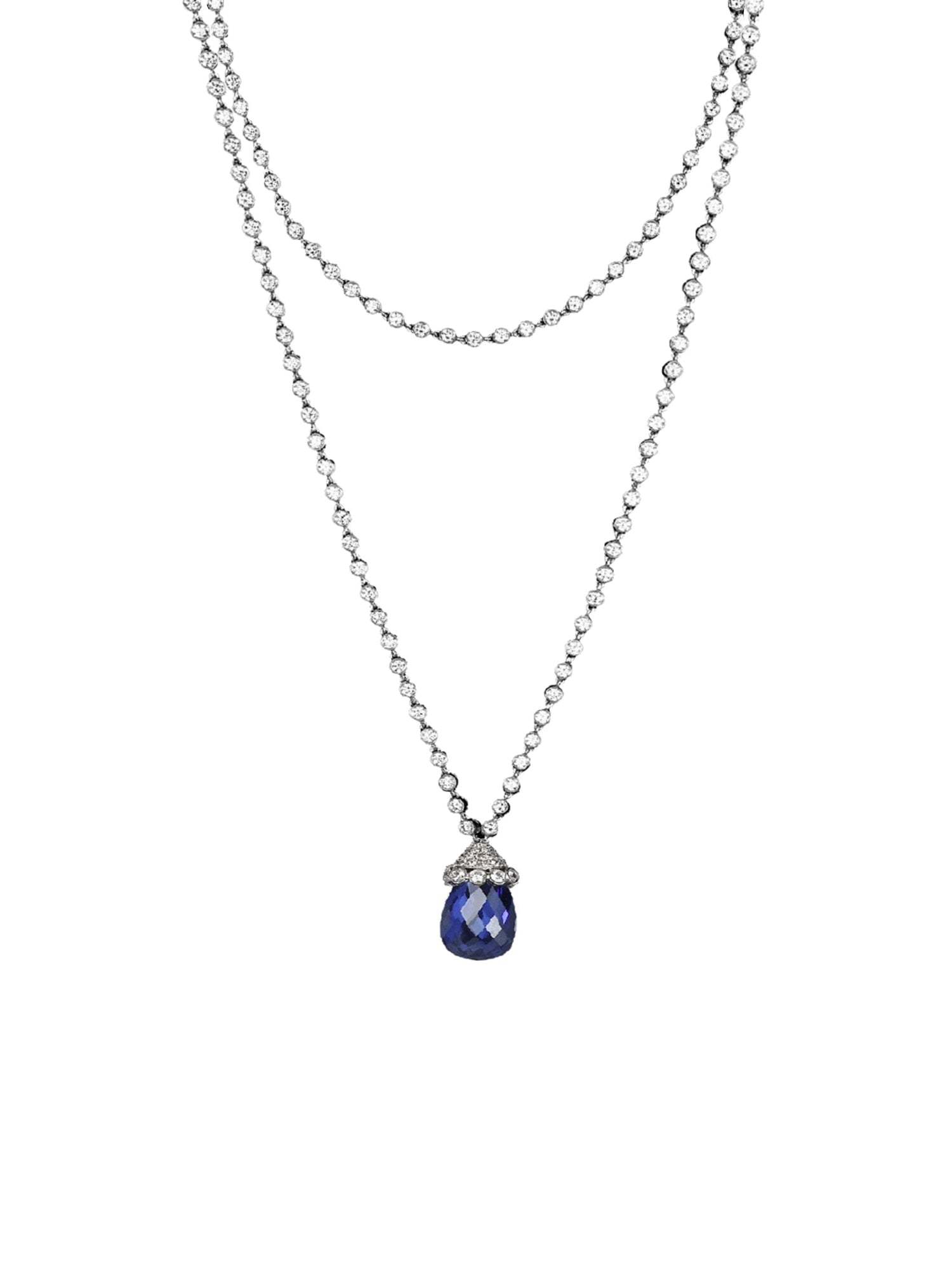 3qty DJV / QTY DISPO : 3-QTY VENDUES : 0-ST : 0% PRIX DJV : 1690€ // Argent Collier long double rang serti clos de Burmalite™ blanche taille brillant et pendant saphir de synthèse taille briolette /// RECO : 1659€