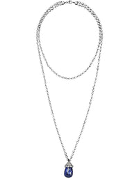 3qty DJV / QTY DISPO : 3-QTY VENDUES : 0-ST : 0% PRIX DJV : 1690€ // Argent Collier long double rang serti clos de Burmalite™ blanche taille brillant et pendant saphir de synthèse taille briolette /// RECO : 1659€