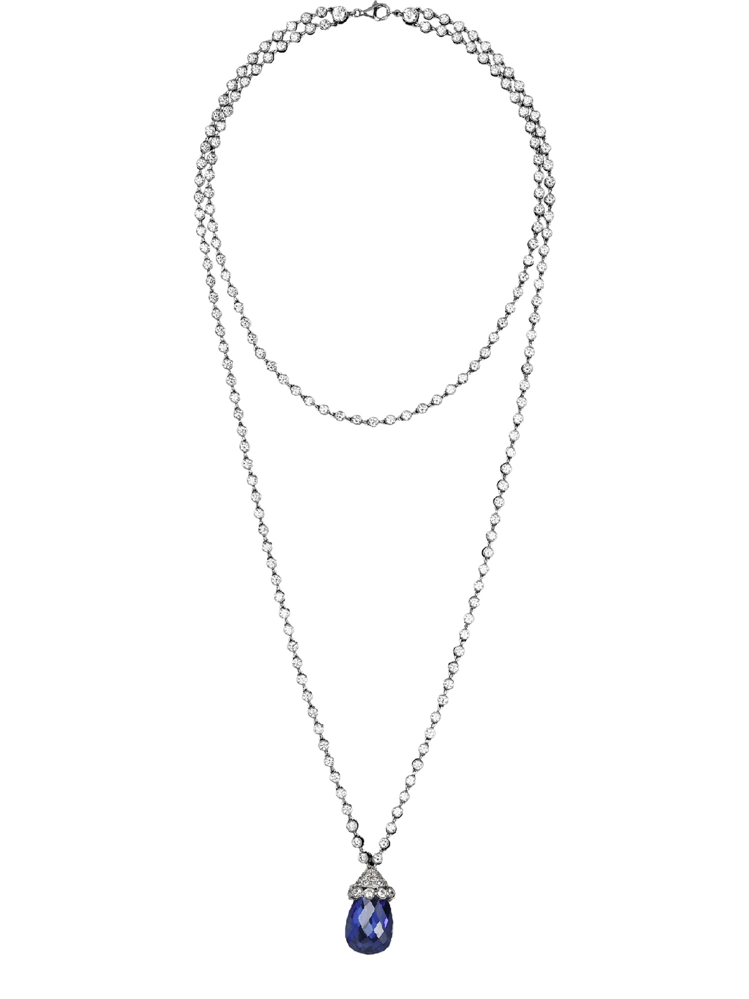 3qty DJV / QTY DISPO : 3-QTY VENDUES : 0-ST : 0% PRIX DJV : 1690€ // Argent Collier long double rang serti clos de Burmalite™ blanche taille brillant et pendant saphir de synthèse taille briolette /// RECO : 1659€