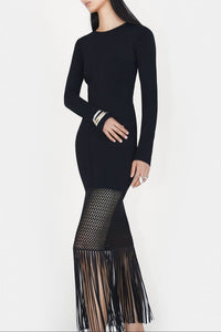 Fringe Diana Long Sleeve Dress - Black