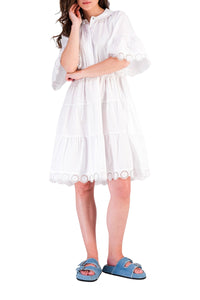 Short Mex dress with ruffles and broderie anglaise - White