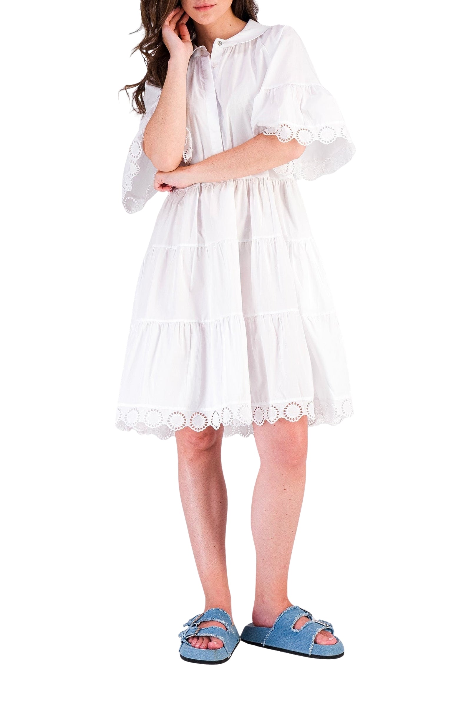 Short Mex dress with ruffles and broderie anglaise - White
