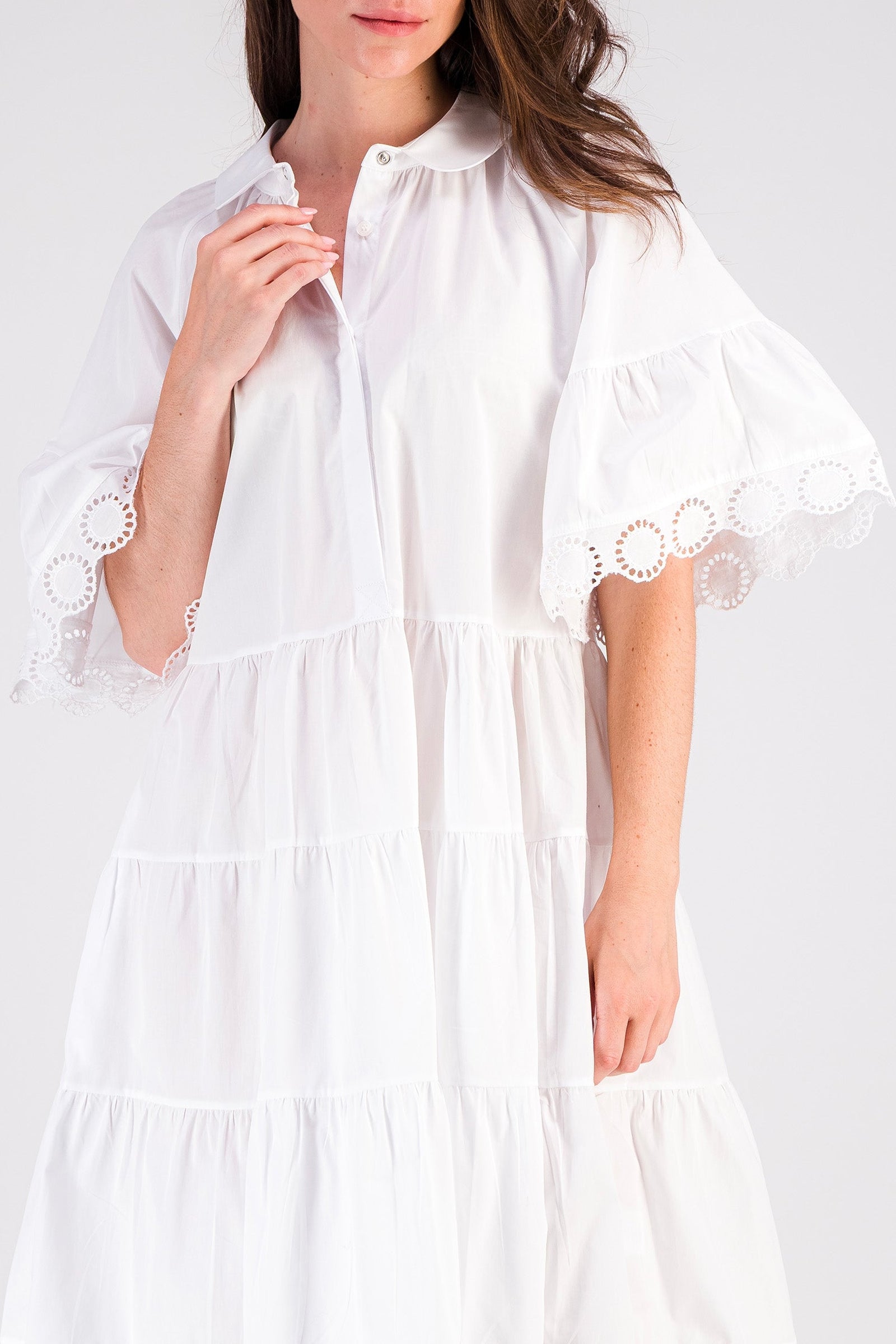 Short Mex dress with ruffles and broderie anglaise - White