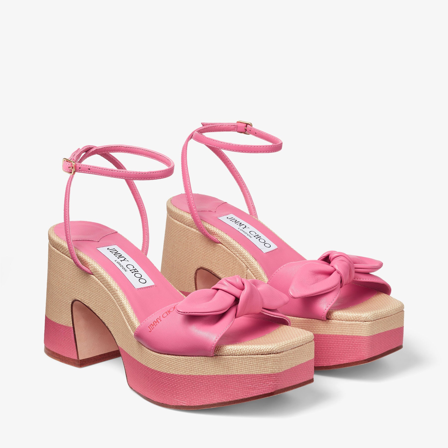 Ricia 150 platform sandals in raffia and leather - Candy Pink & Natural