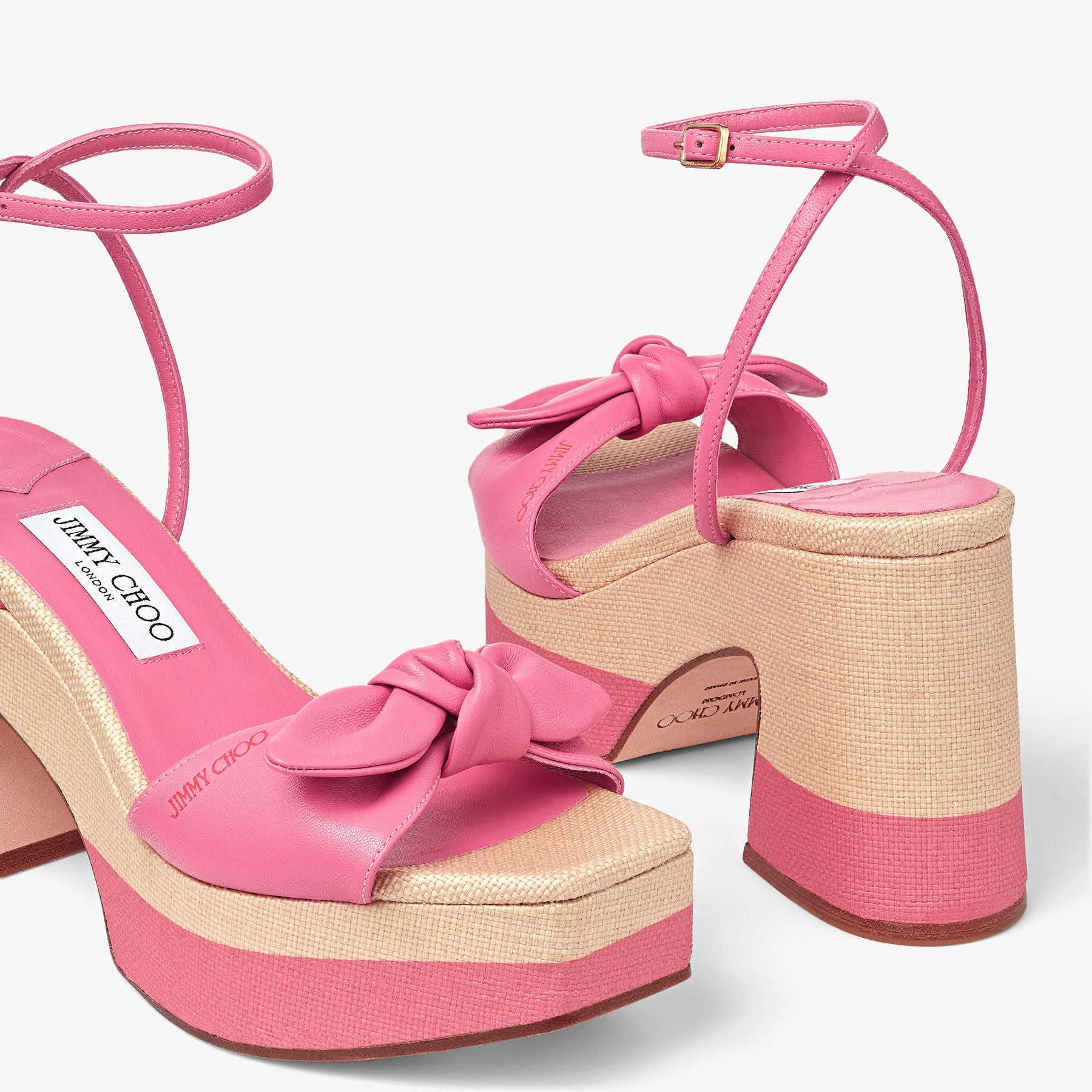 Ricia 150 platform sandals in raffia and leather - Candy Pink & Natural