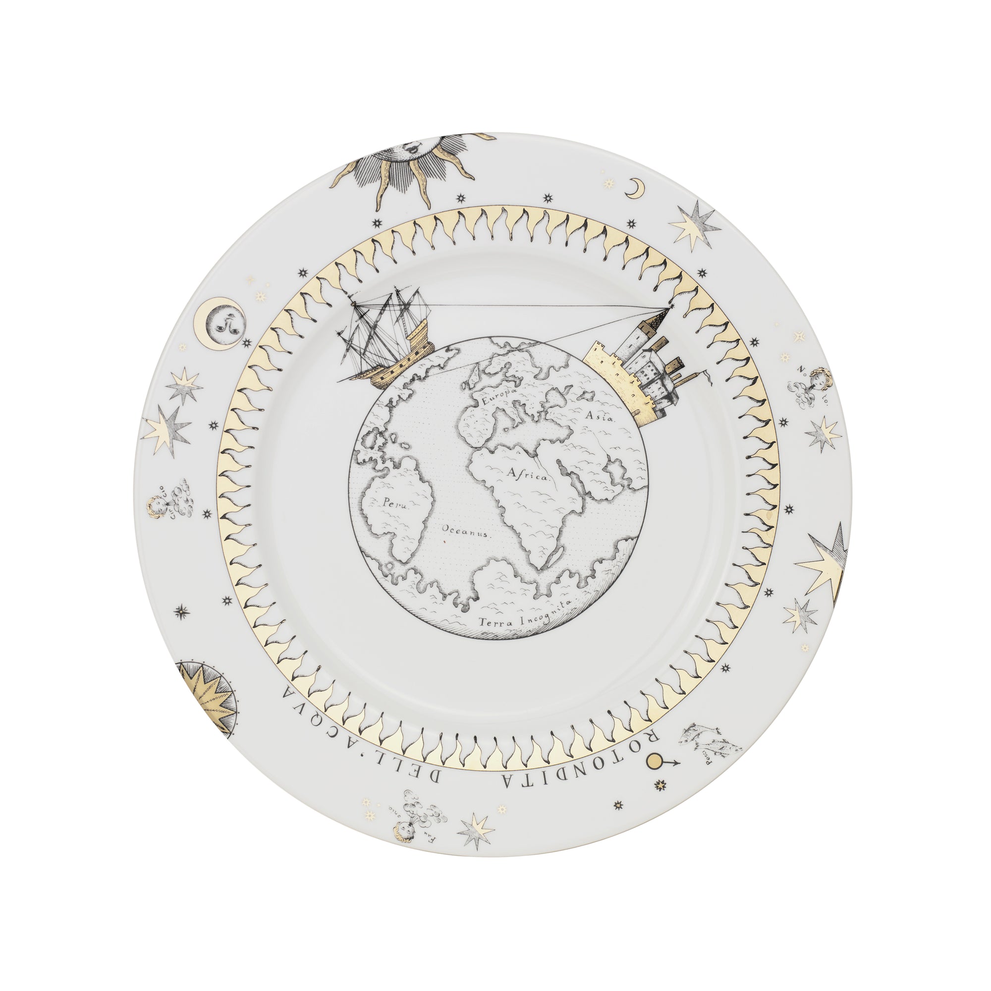 Assiette avec aile Astronomici n°11 en porcelaine - Or & Noir & Blanc