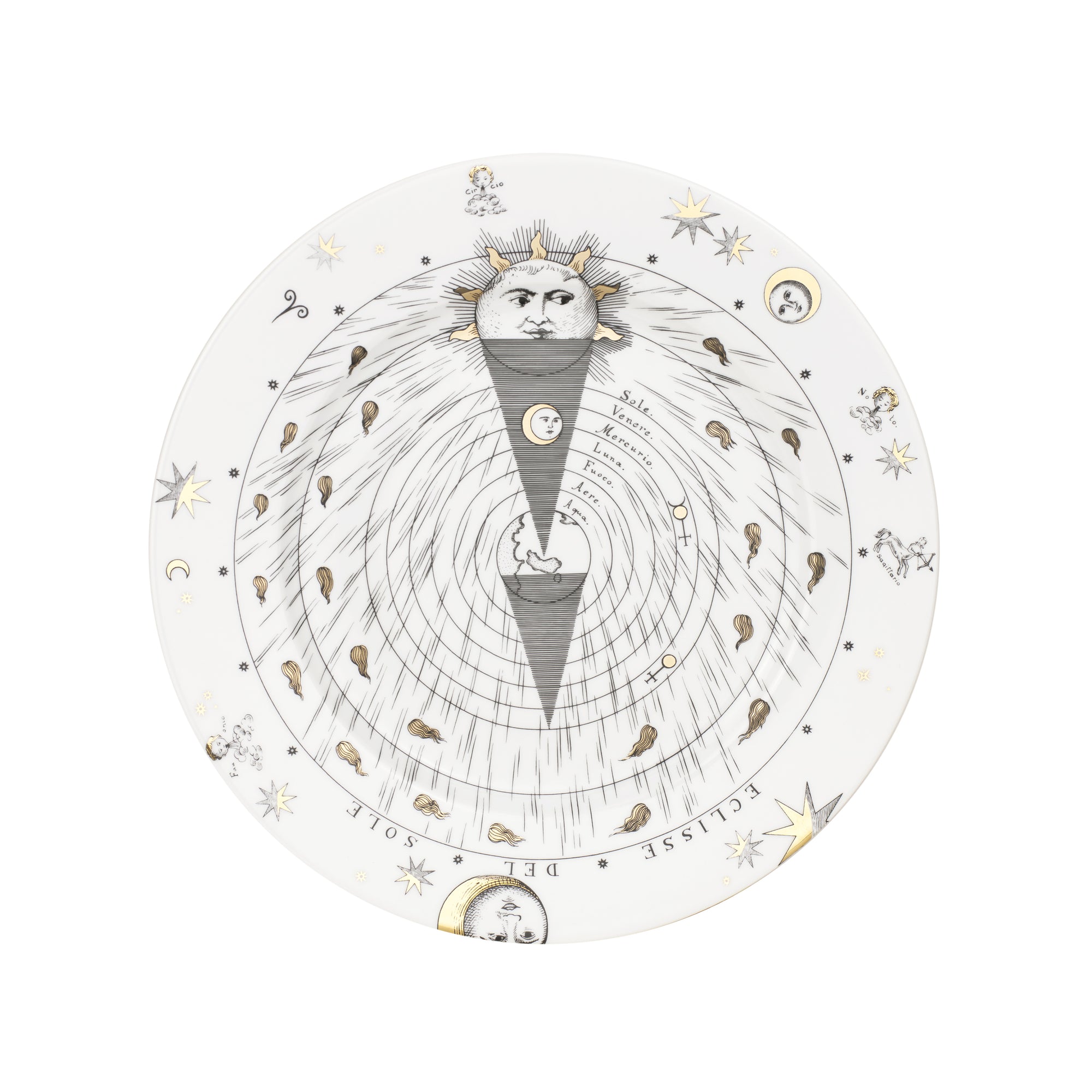 Assiette avec aile Astronomici n°3 en porcelaine - Or & Noir & Blanc
