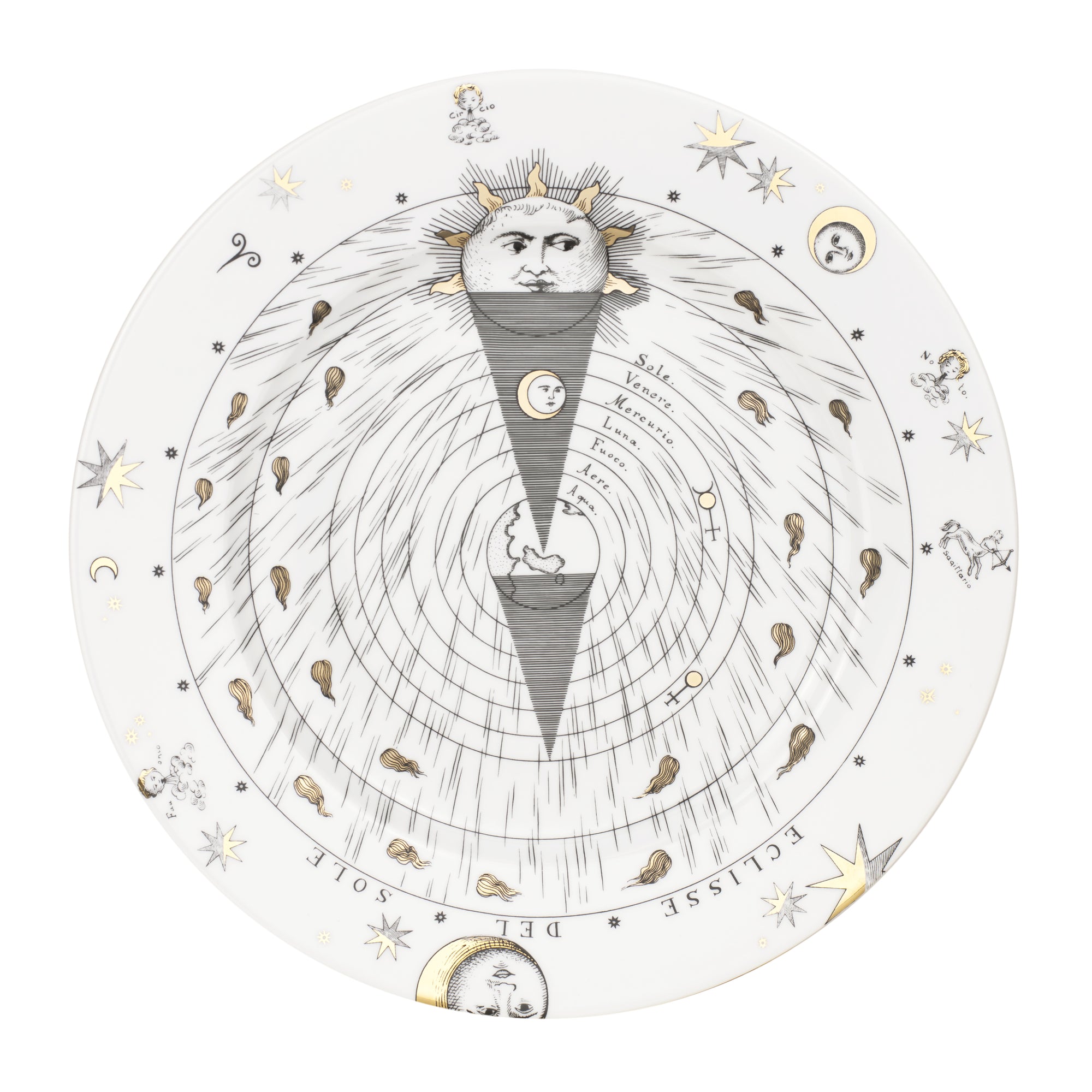 Assiette avec aile Astronomici n°3 en porcelaine - Or & Noir & Blanc