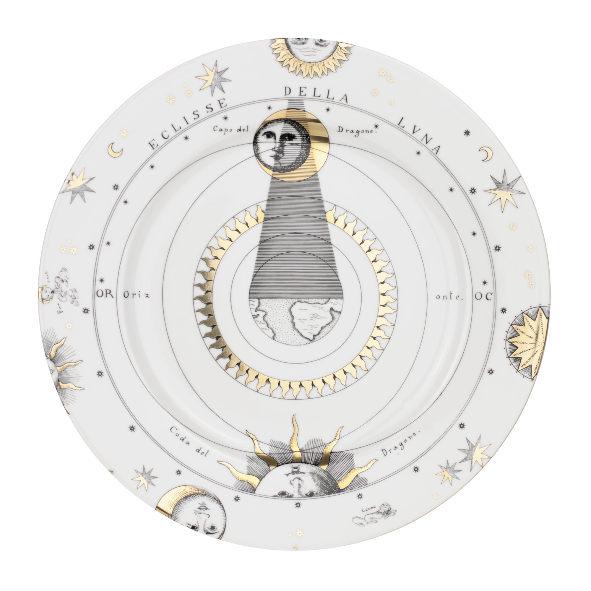 Assiette avec aile Astronomici n°6 en porcelaine - Or & Noir & Blanc