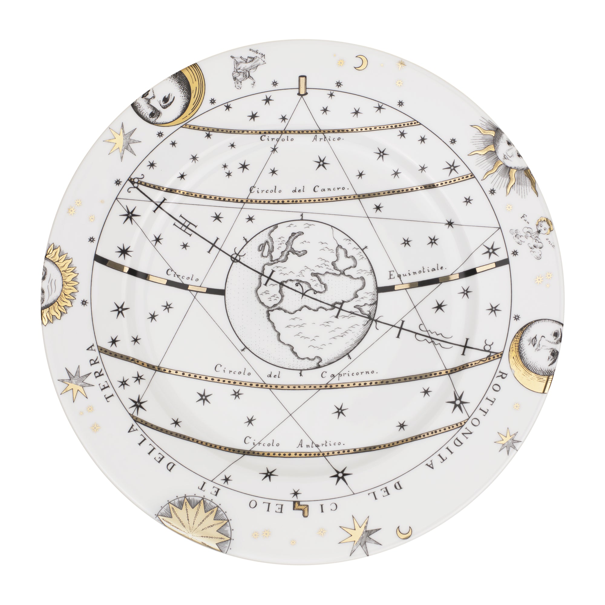 Assiette avec aile Astronomici n°7 en porcelaine - Or & Noir & Blanc