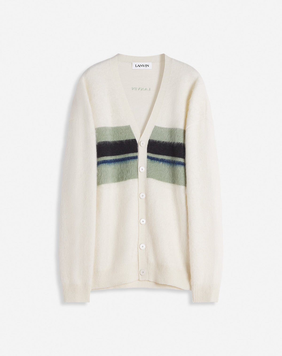 Cardigan col v à rayures - Ecru & vert de gris