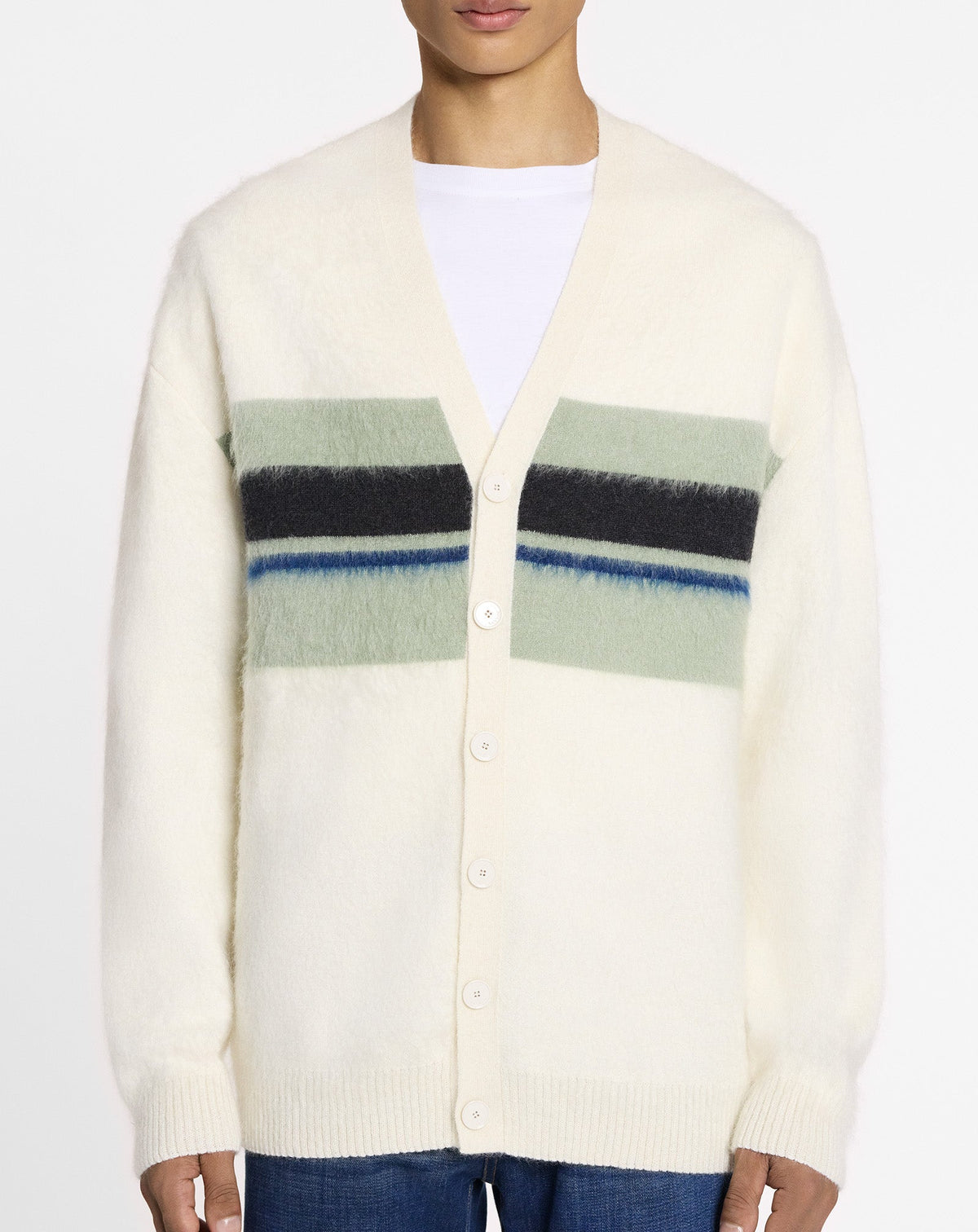 Cardigan col v à rayures - Ecru & vert de gris