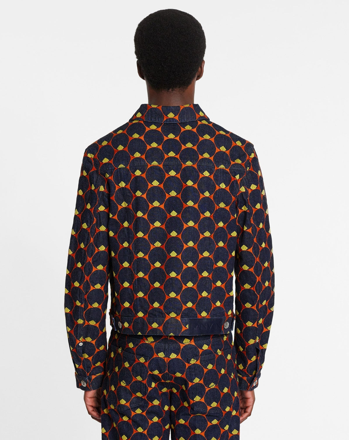 ZZNO STOCK BLEU MARINE/ORANGE DENIM JACKET ART DECO PRINT