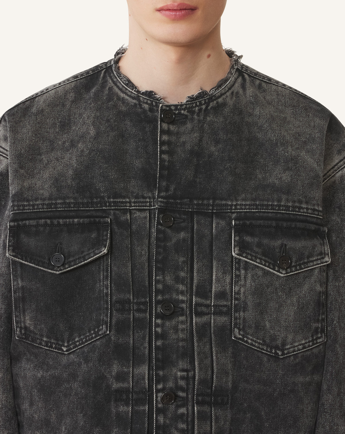 Veste sans col en denim - Noir