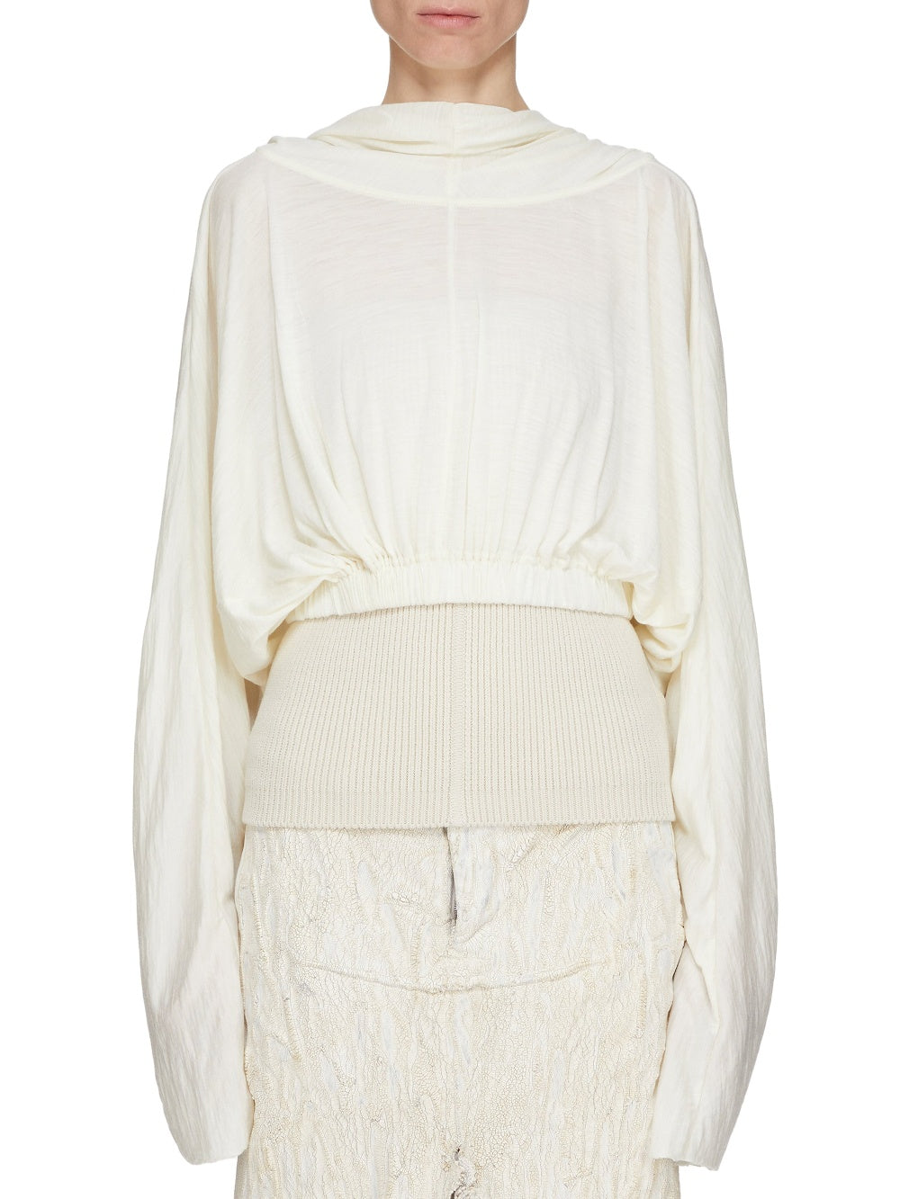 Cropped hooded top in a wool and silk blend - Natural