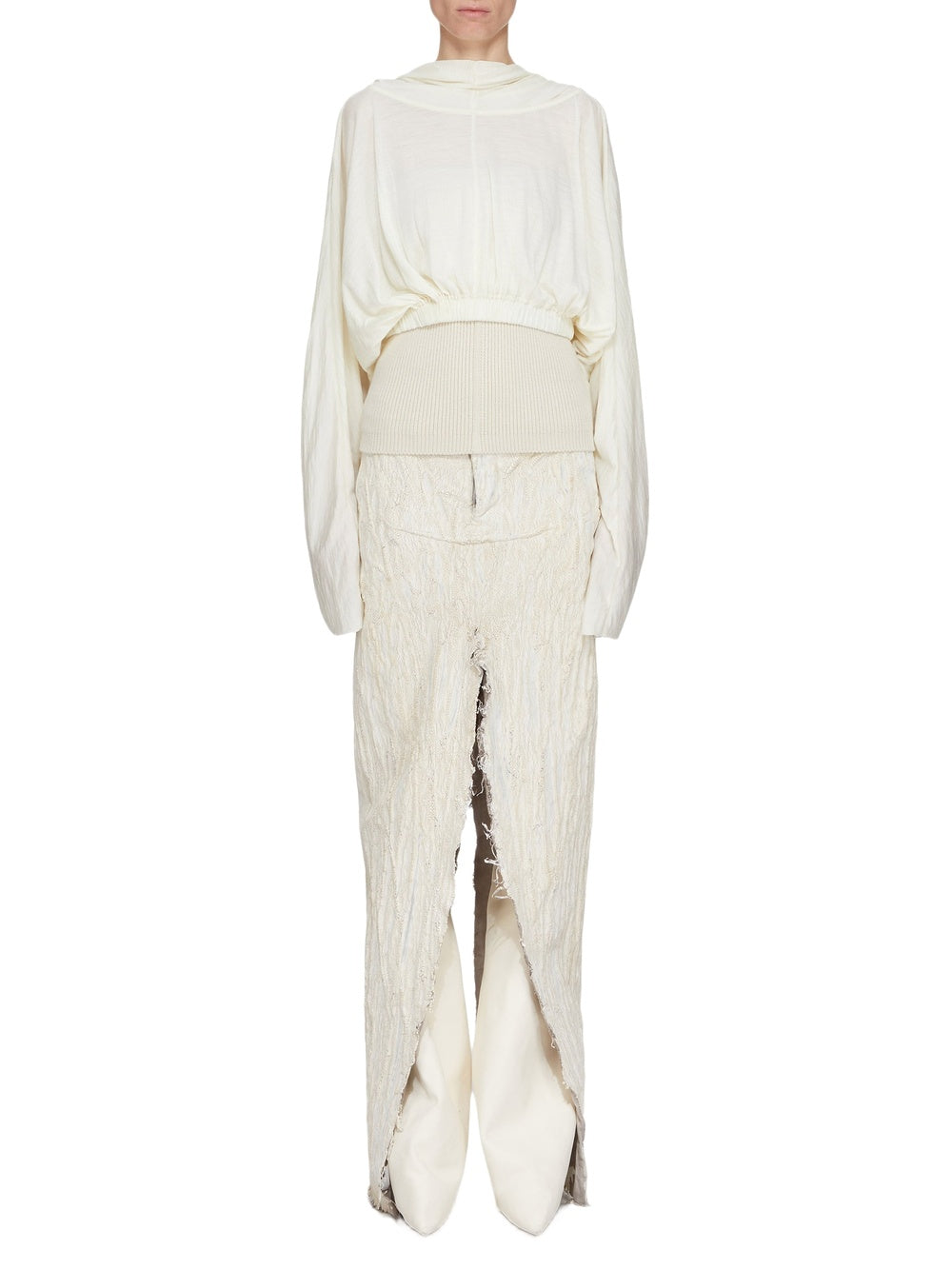 Cropped hooded top in a wool and silk blend - Natural