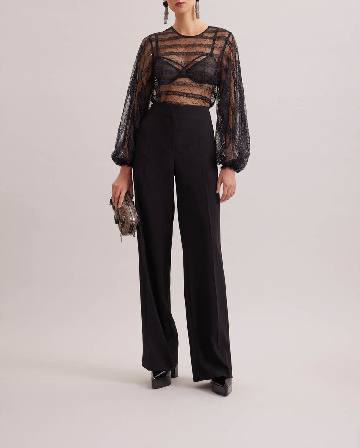 Blouse Romantic à manches ballon en dentelle - Black