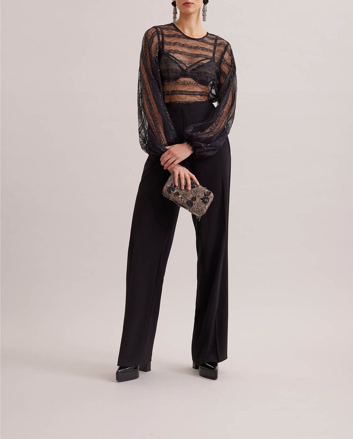 Blouse Romantic à manches ballon en dentelle - Black