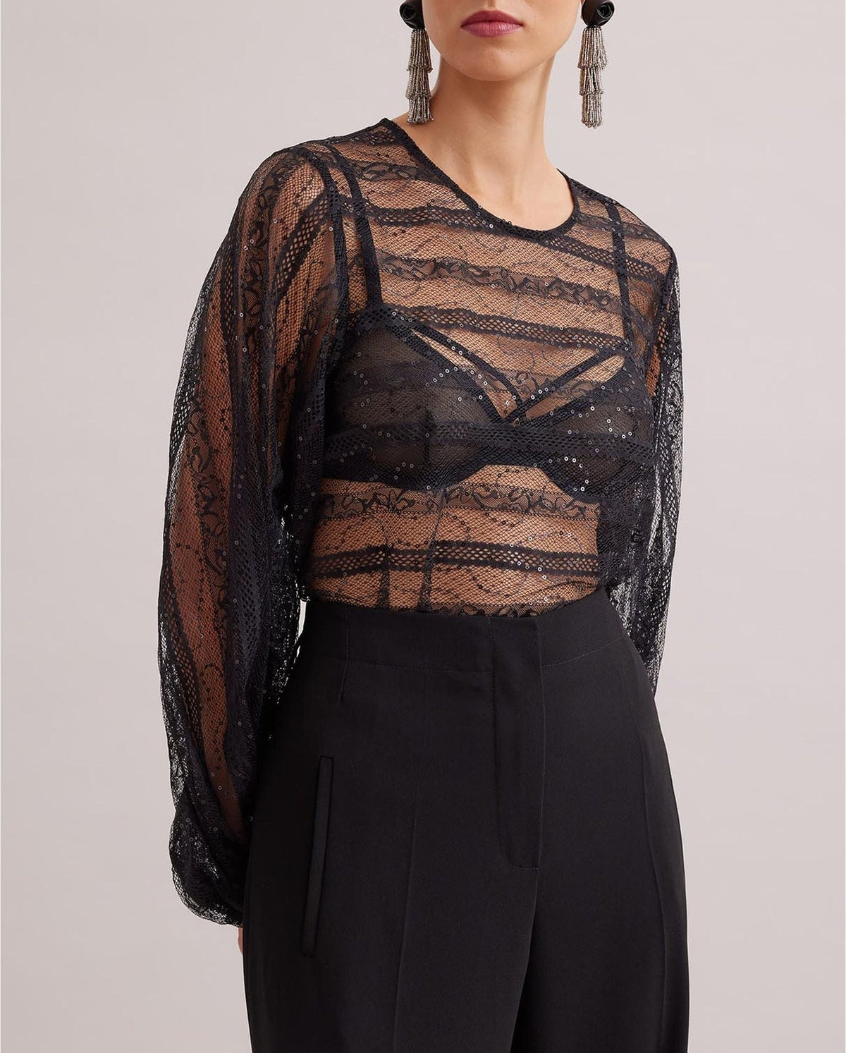 Blouse Romantic à manches ballon en dentelle - Black