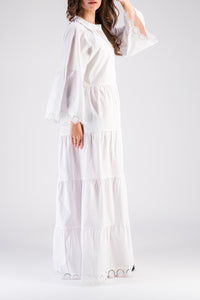 Robe Mex longue avec broderie anglaise et volants - Blanc