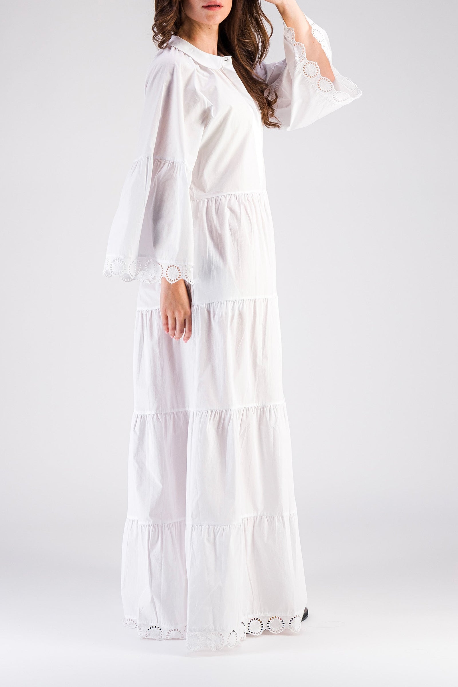 Robe Mex longue avec broderie anglaise et volants - Blanc