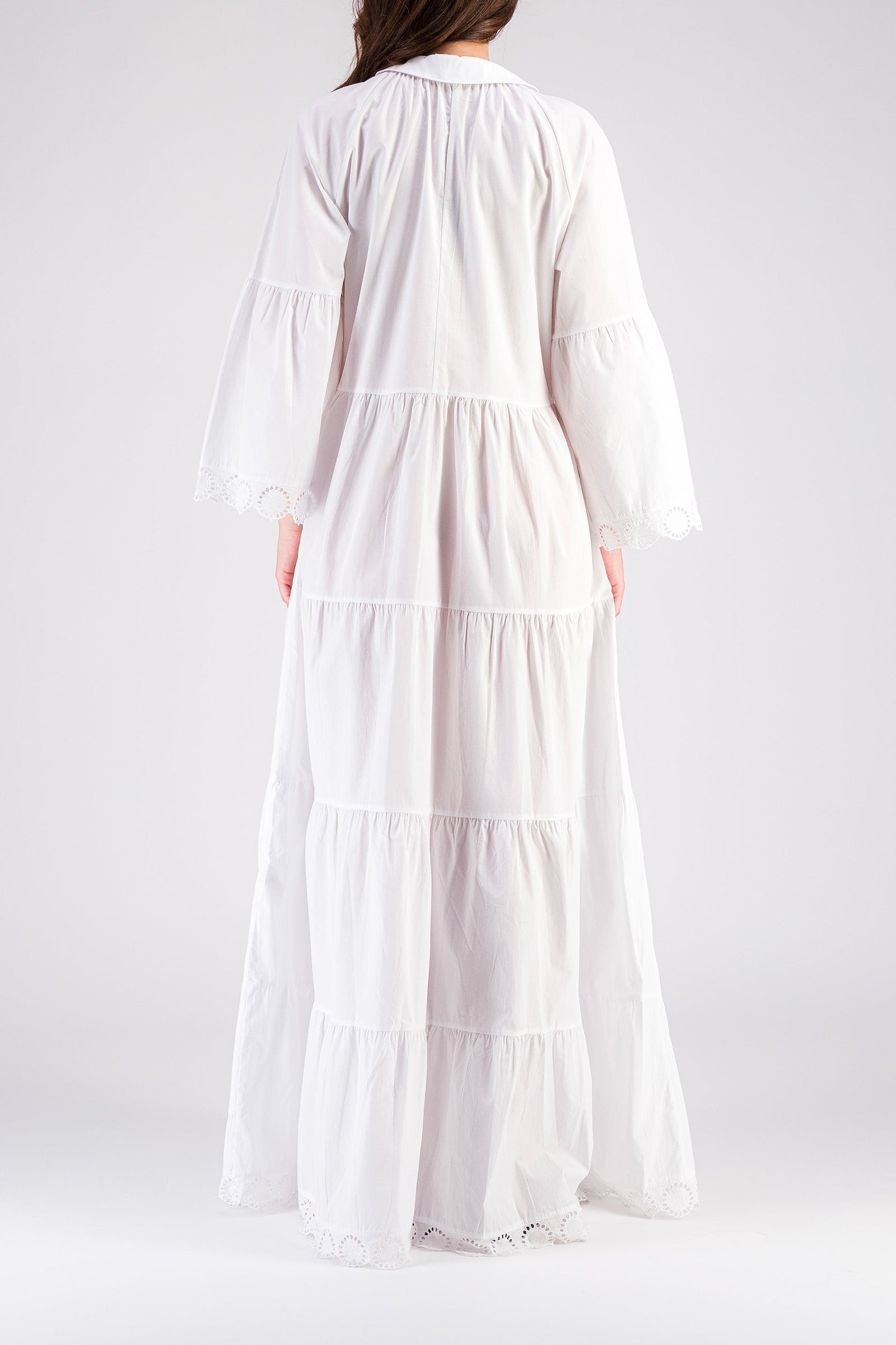 Robe Mex longue avec broderie anglaise et volants - Blanc