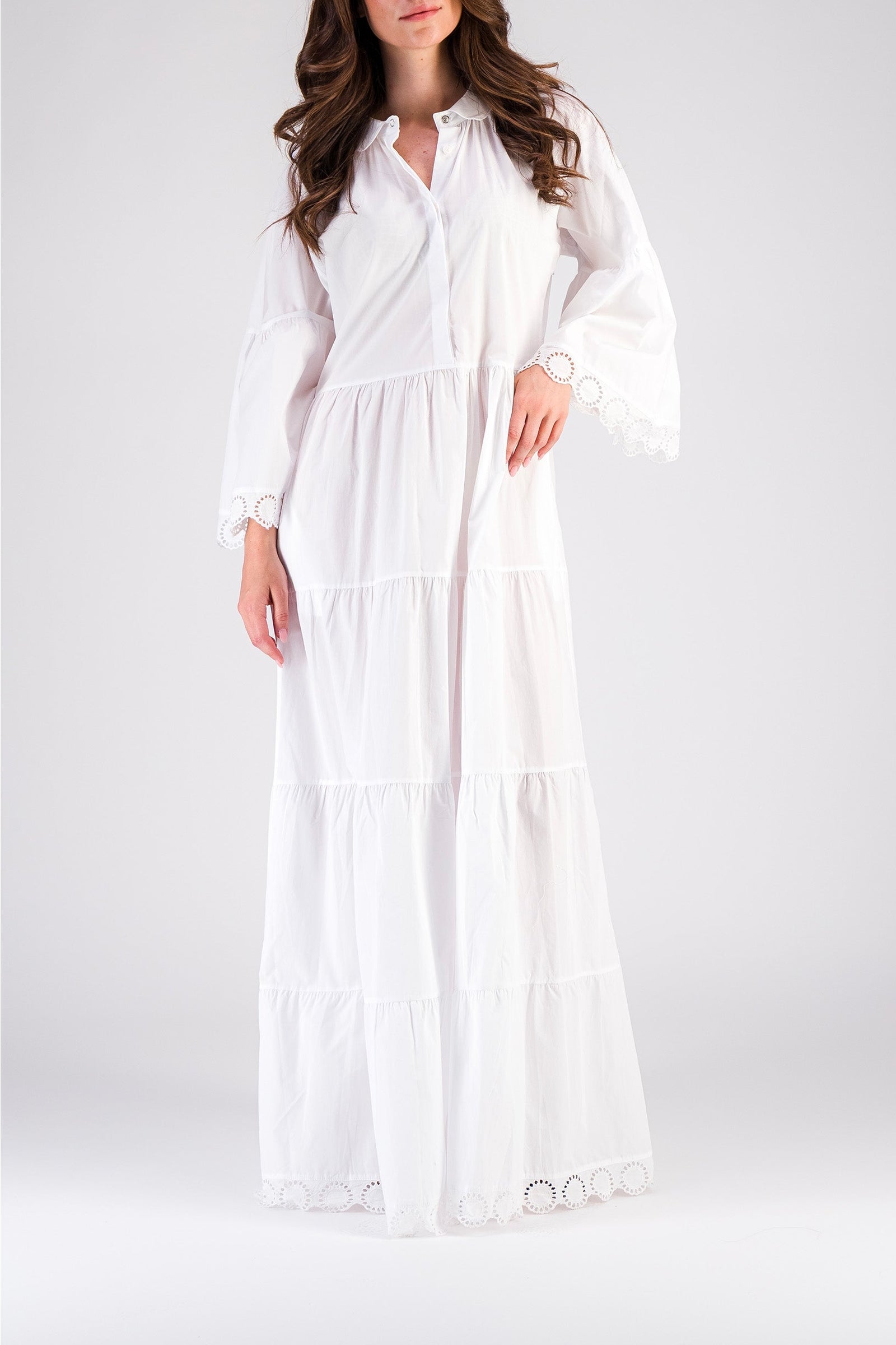 Robe Mex longue avec broderie anglaise et volants - Blanc