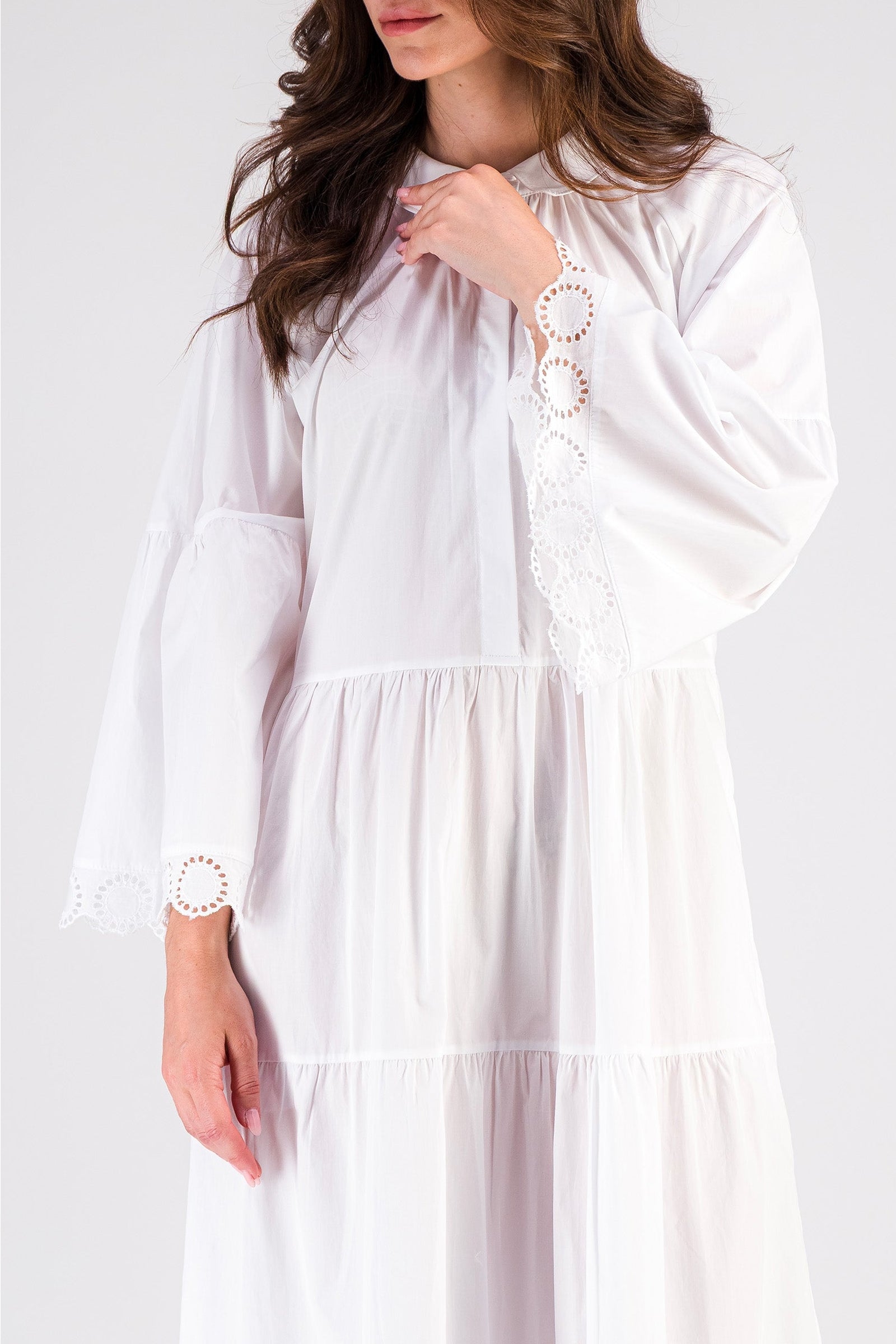 Robe Mex longue avec broderie anglaise et volants - Blanc