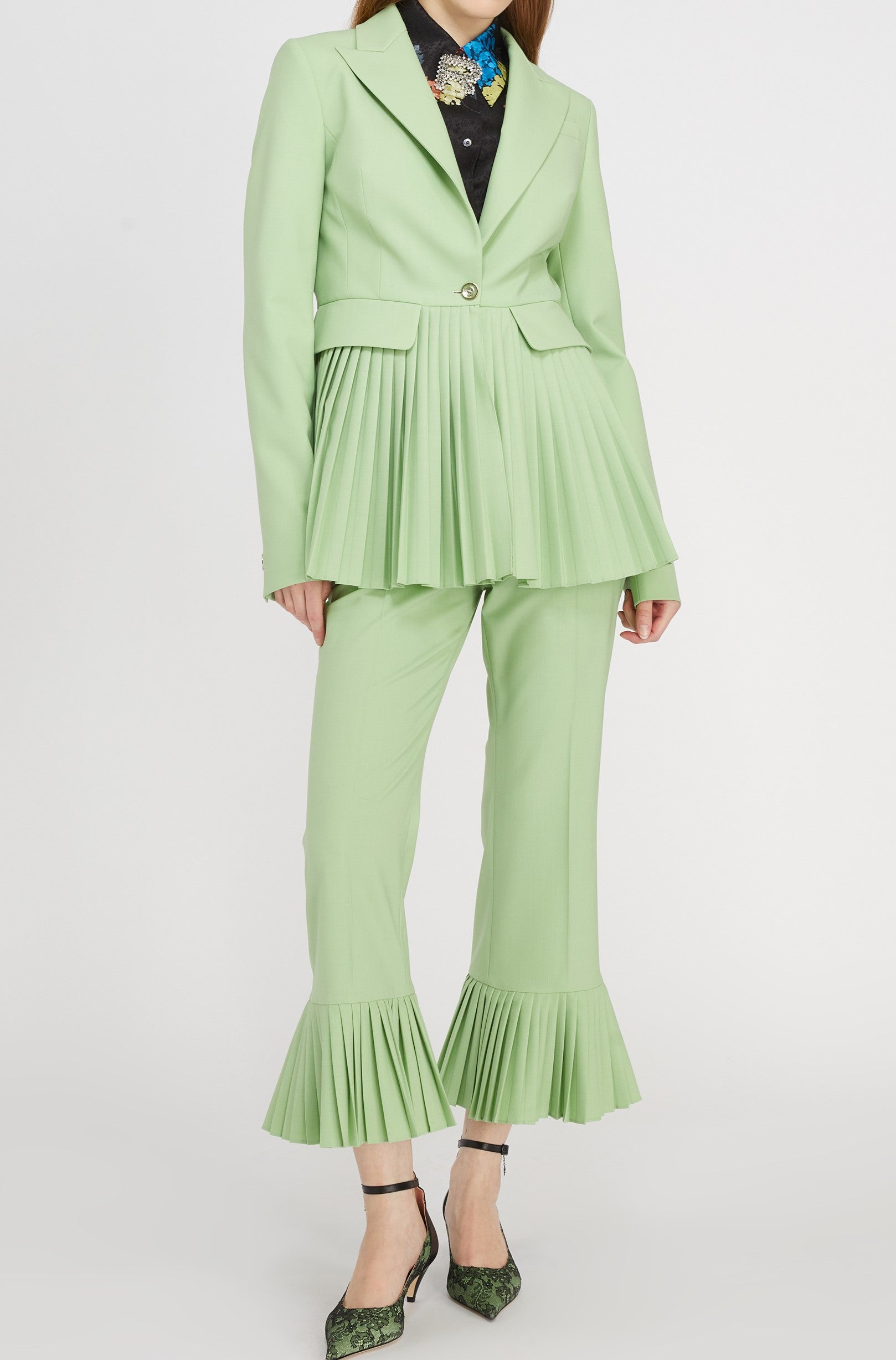 Pantalon de tailleur évasé en laine mélangée - Vert