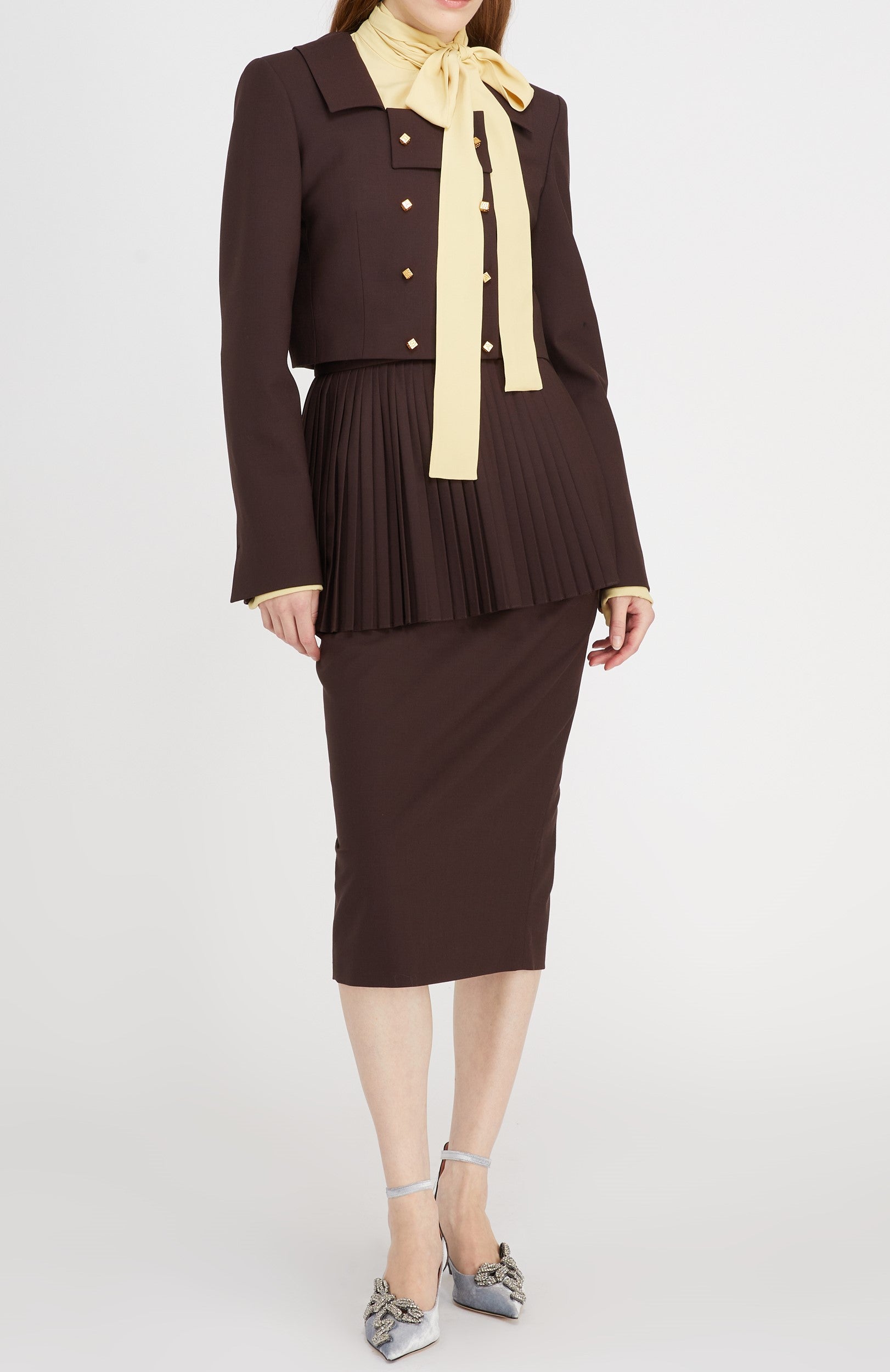 Jupe tailleur plissée en laine - Marron