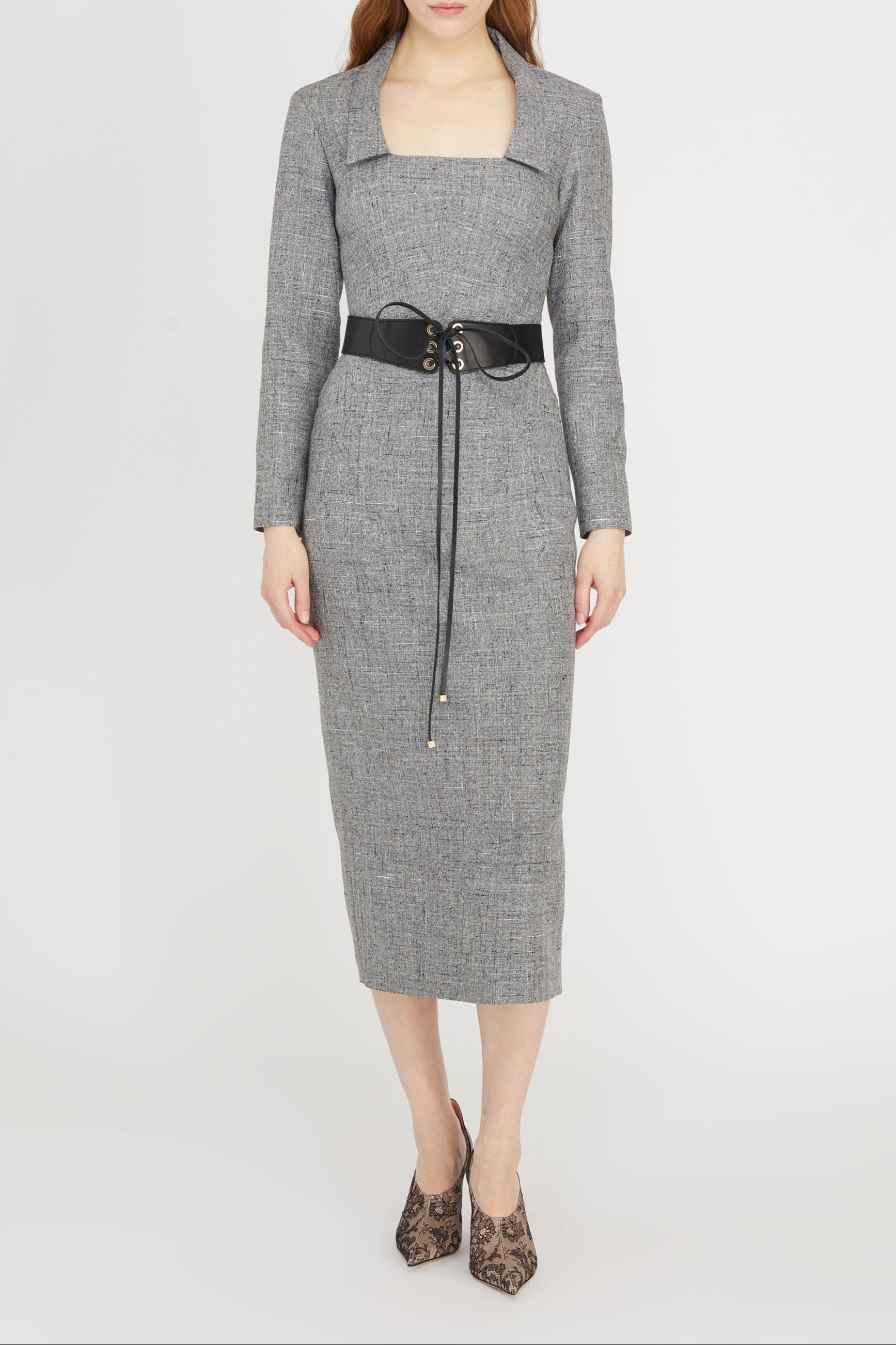 Robe à col carré en brocart - Blanc & Noir