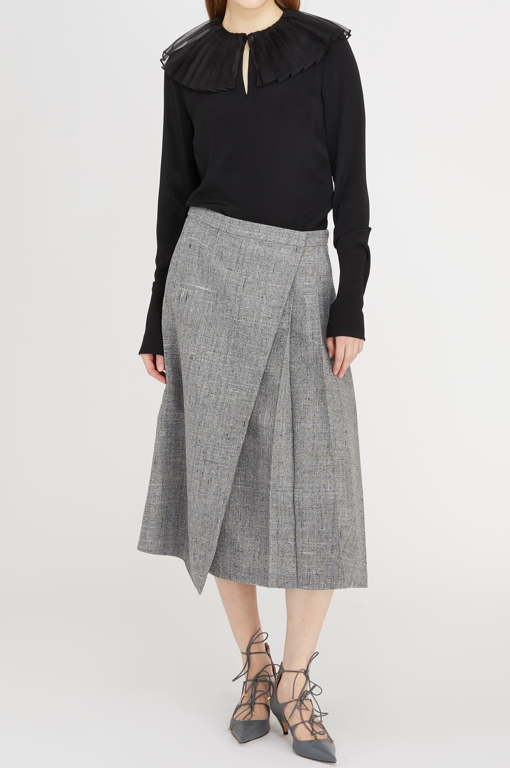 Blouse à col plissé en soie - Noir