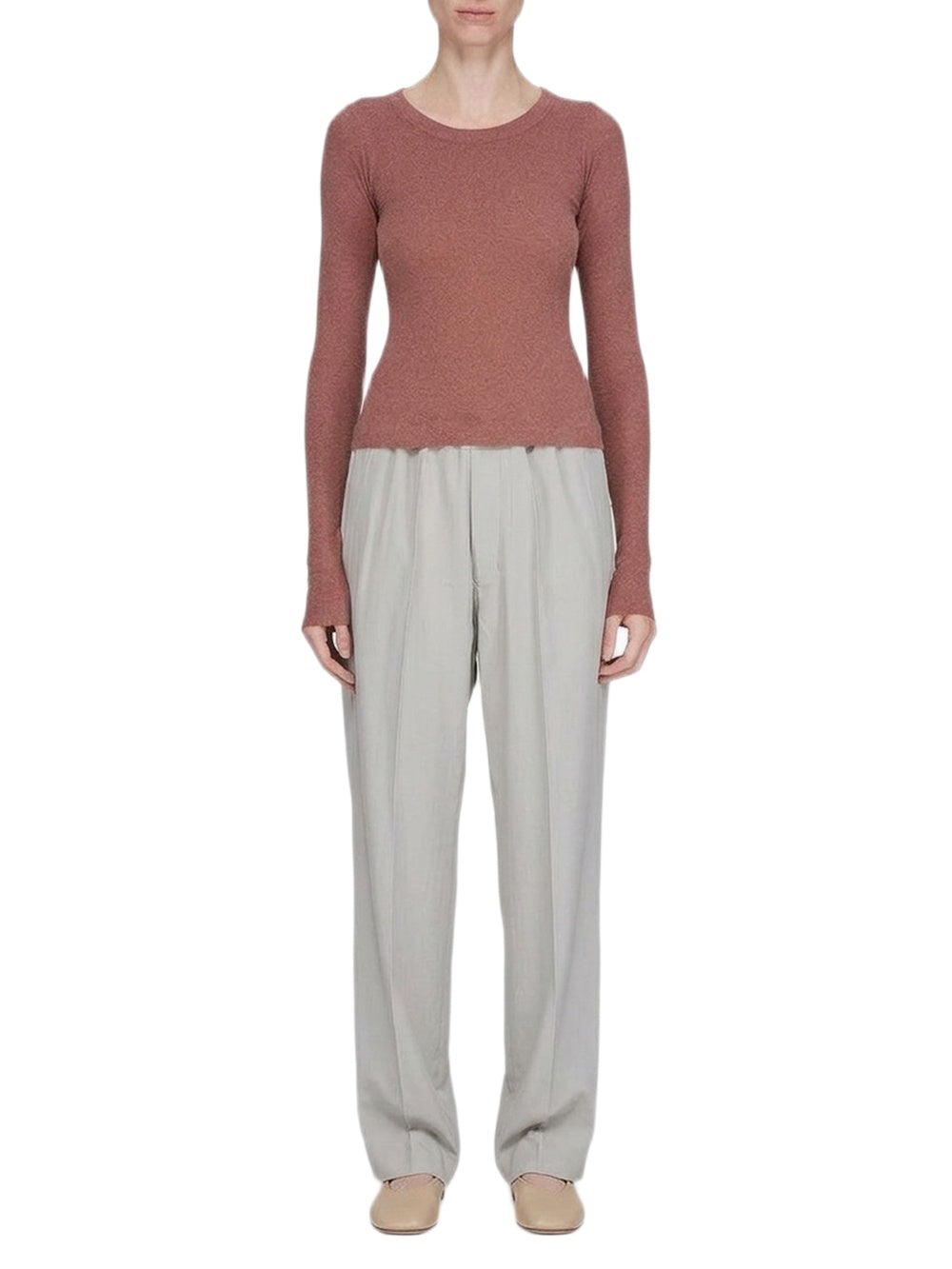 Short-sleeved ribbed long-sleeved knitted T-shirt - Rosewood