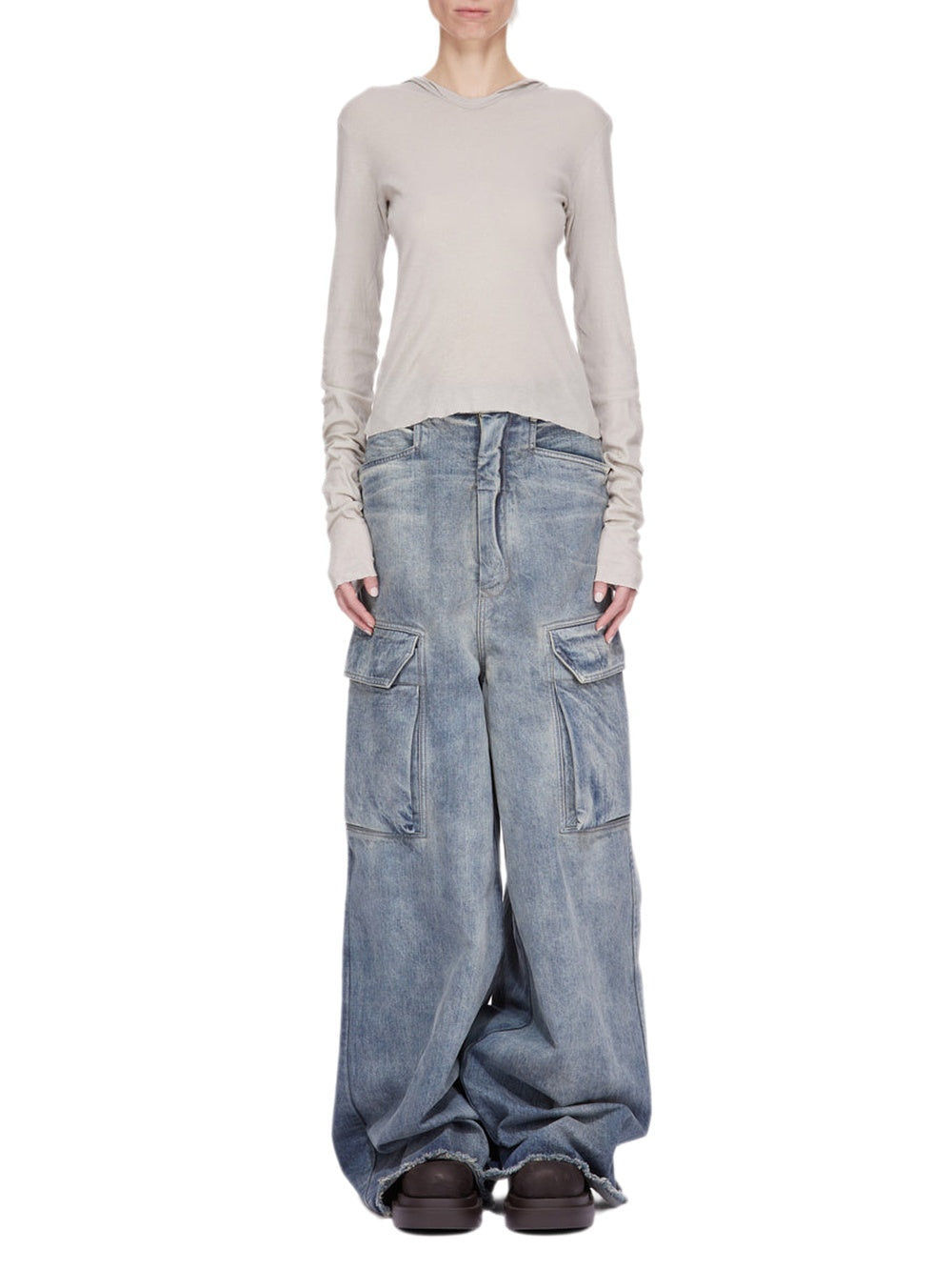 Long-sleeved Cropped Hooded Rib T-shirt - Pearl