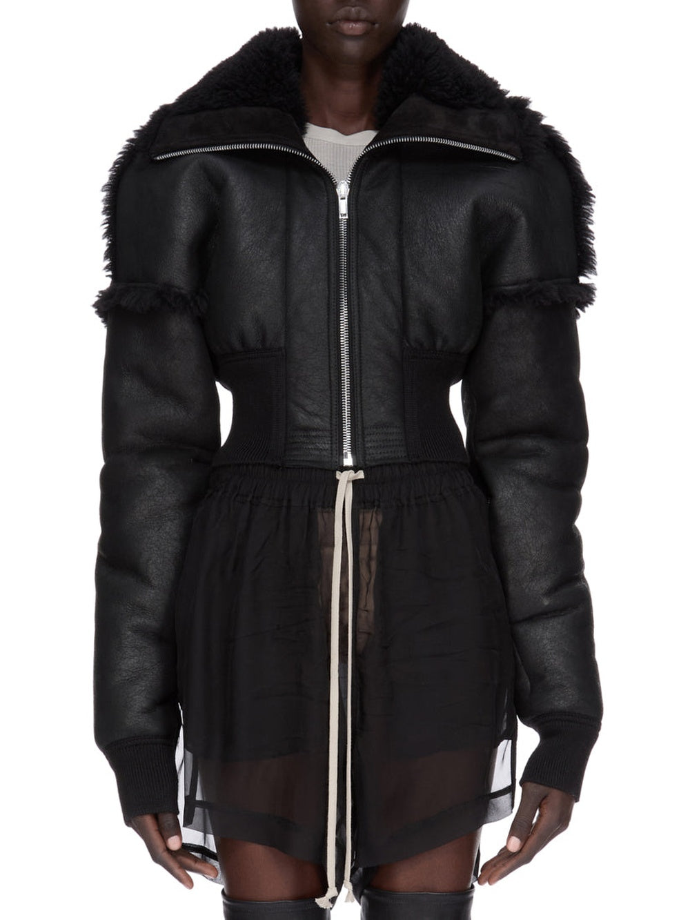 Short-sleeved shearling bomber jacket - Black