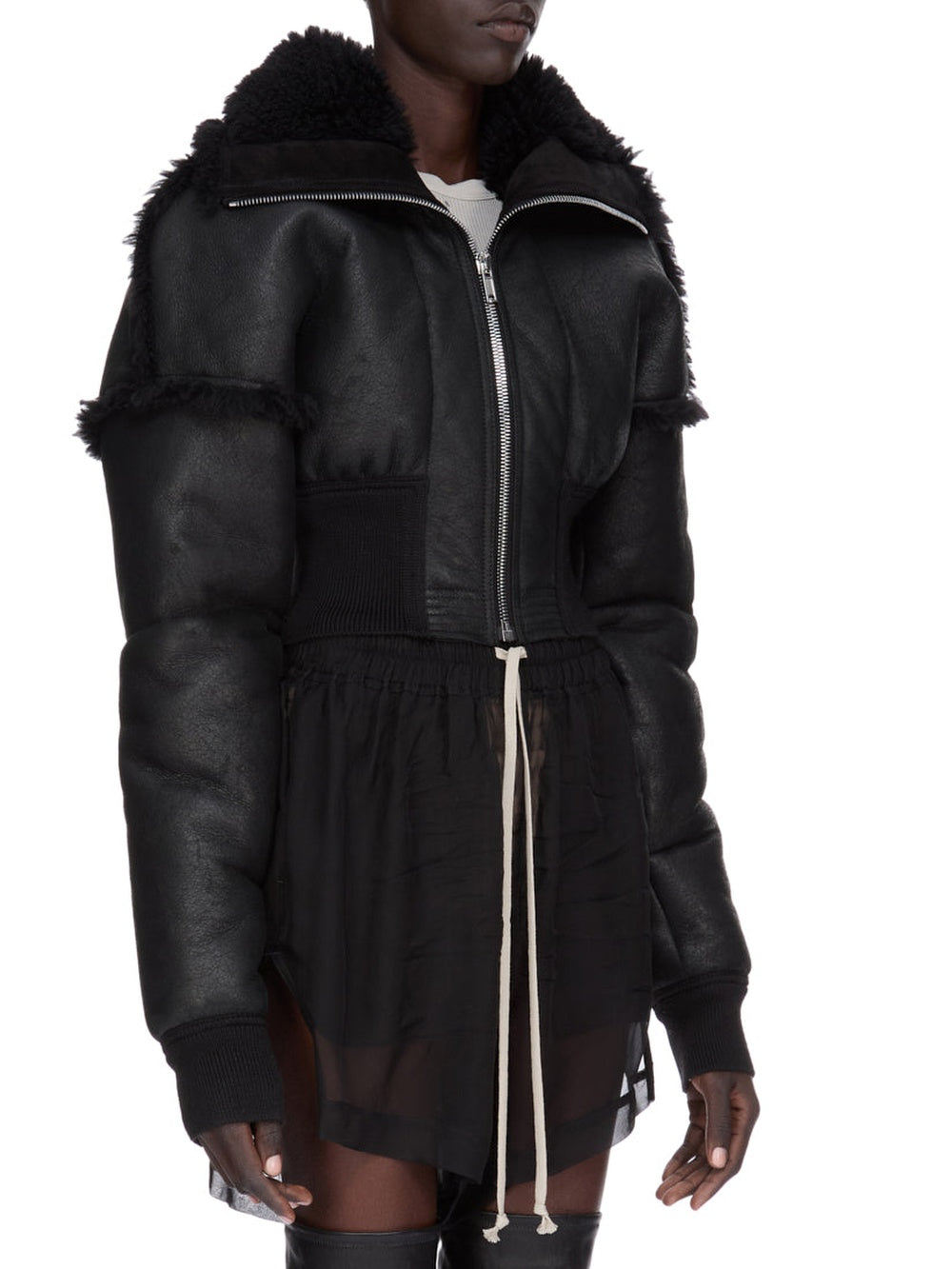 Short-sleeved shearling bomber jacket - Black
