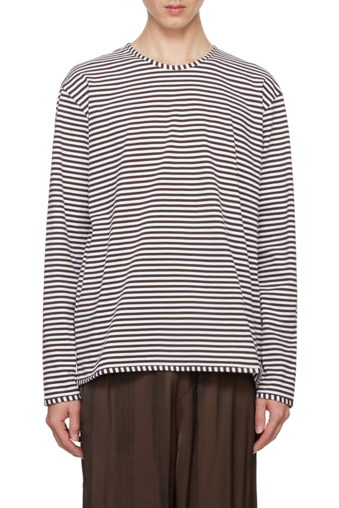 Long-sleeved striped T-shirt - Brown & Optical White