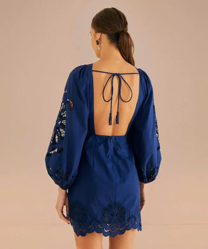Robe courte Richelieu à fleurs en coton - Bleu