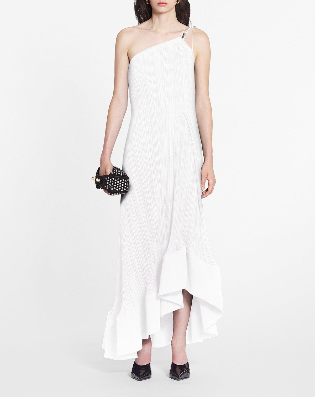 One shoulder pleated long dress - Blanc casse