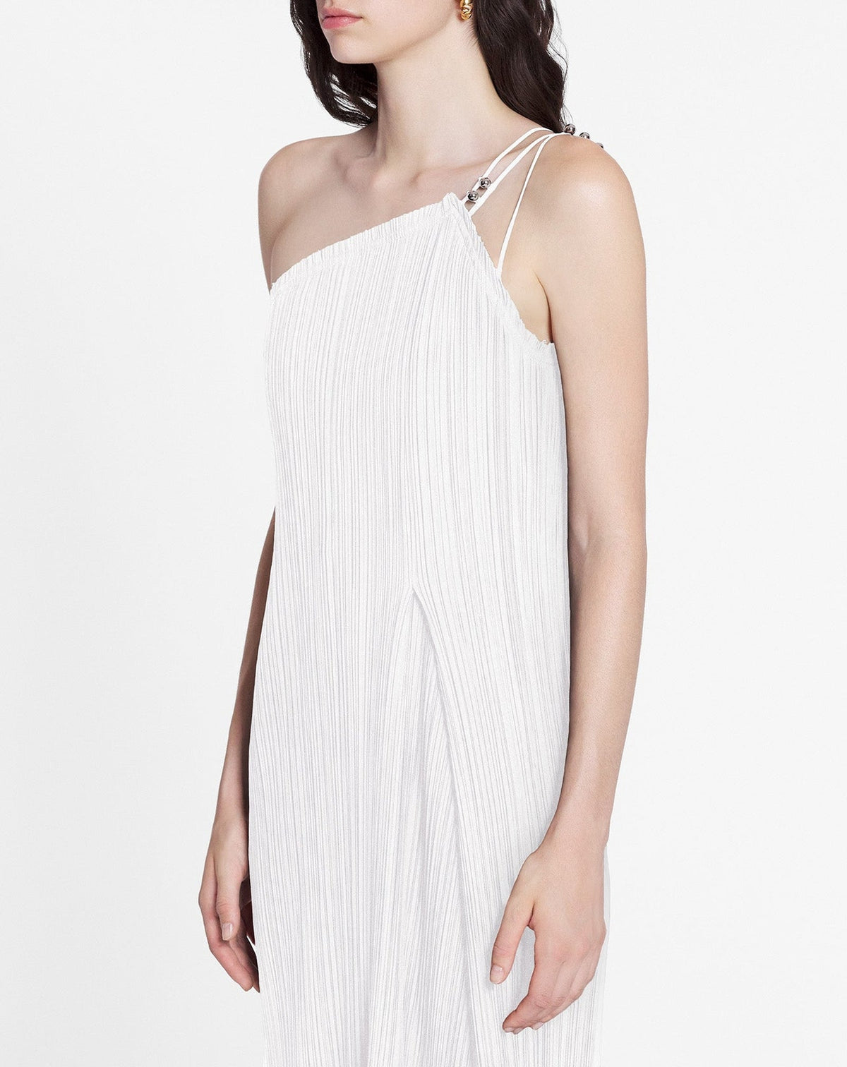 One shoulder pleated long dress - Blanc casse