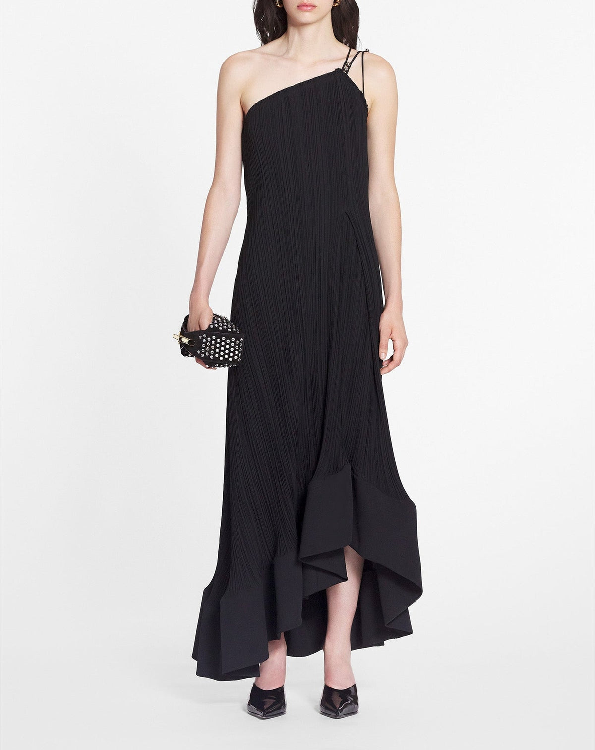 One shoulder pleated long dress - Noir