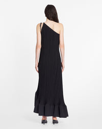 One shoulder pleated long dress - Noir