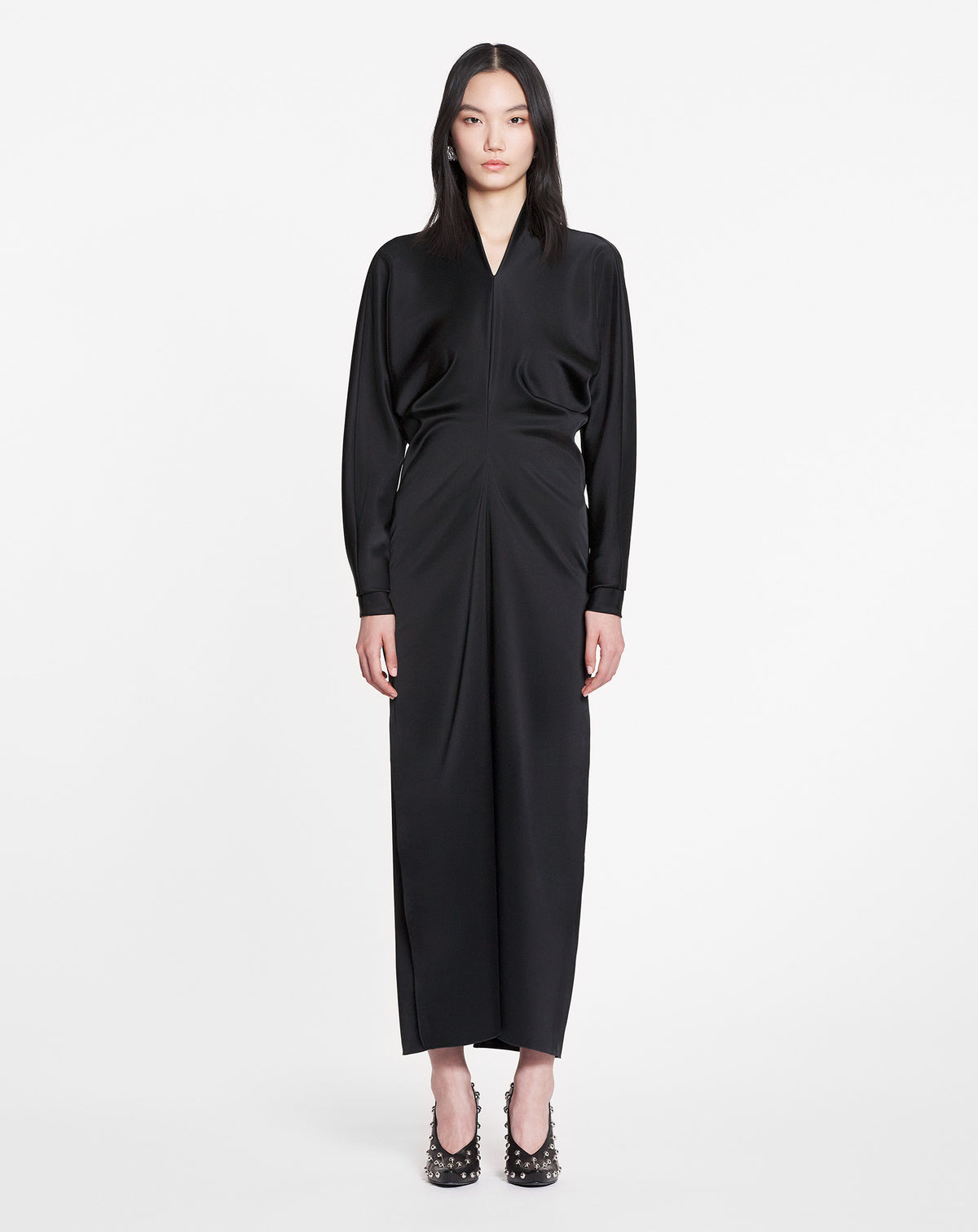 ZZNO STOCK NOIR LONG SLEEVE DRAPED MIDI DRESS
