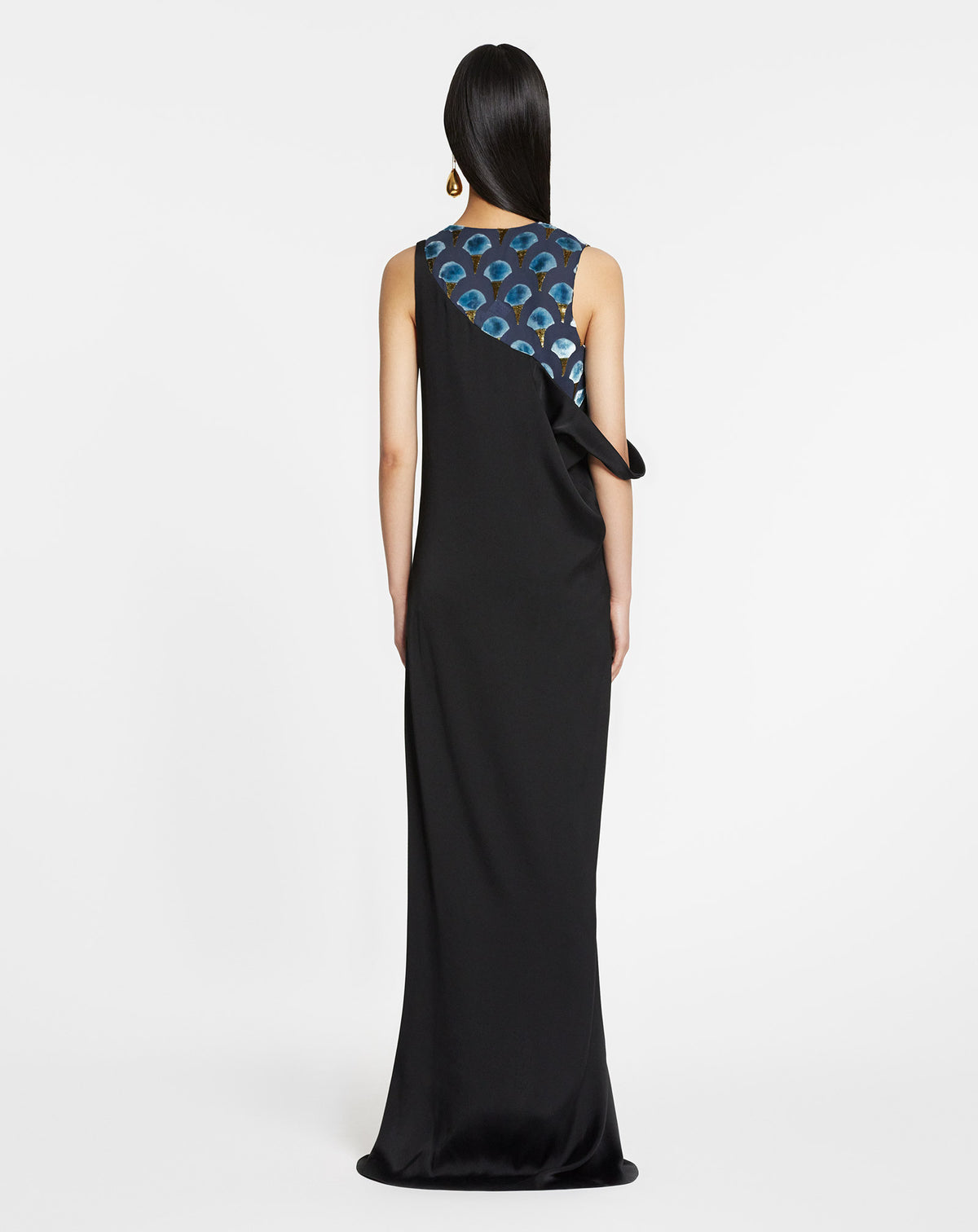 Robe midi drapée asymétrique en soie - Noir & Bleu