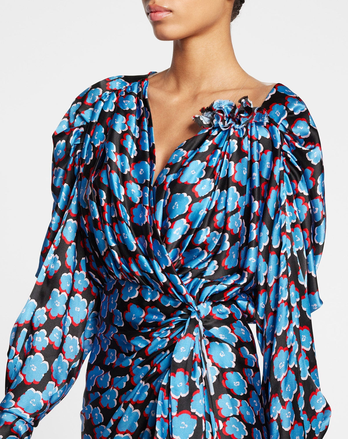Robe courte drapée en soie - Noir & Bleu